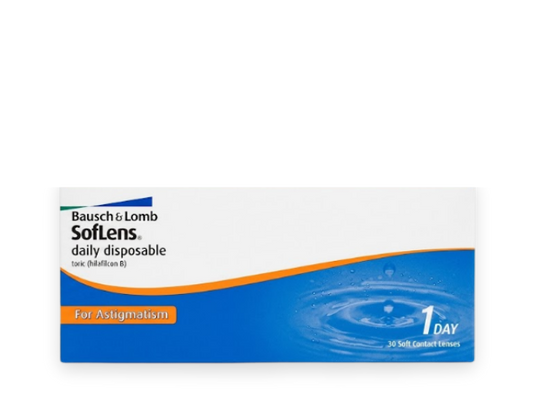 Bausch & Lomb SofLens daily disposable contact lens box, 1 day strength, featuring a white and blue design with an orange wave and water droplet graphic.