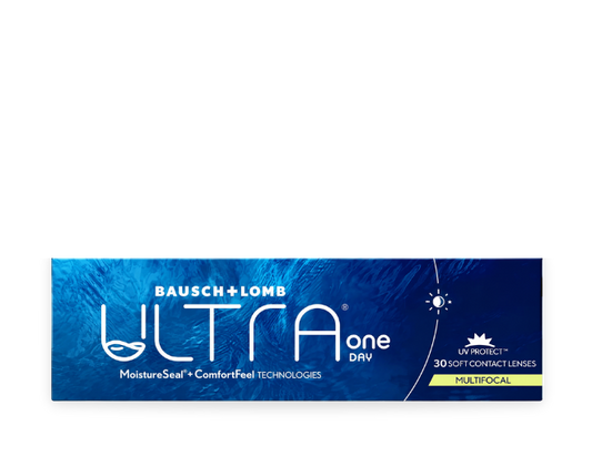 Bausch + Lomb Ultra One Daily Multifocal contact lens box in blue packaging with white text and a small yellow-green accent band.