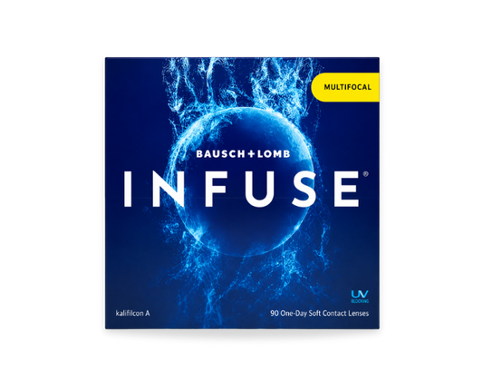 Bausch + Lombl Infuse Multifocal 90 pack  contact lens box, featuring a deep blue background with a glowing blue globe graphic, white text, and a yellow 'MULTIFOCAL' label.